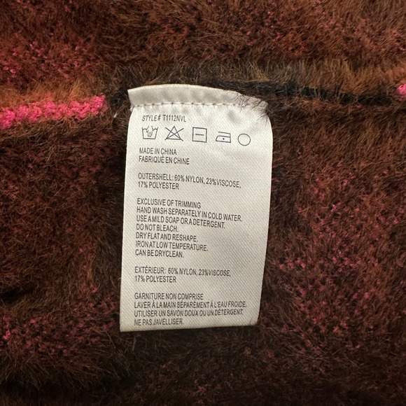NVLT Womens Pink Brown Plaid Fuzzy Knit Double Breasted Car Coat Jacket L - Picture 3 of 3